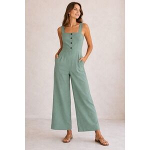 Anthropologie Maeve Colette Linen Blend Jumpsuit Women 10 Green Stretch Wide Leg